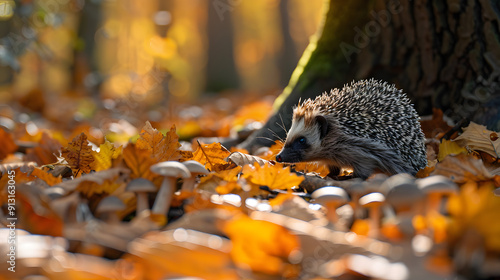 A hedgehog exploring a forest floor covered with fallen leaves and mushrooms.