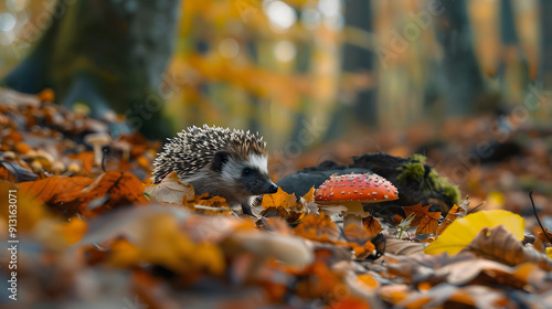 A hedgehog exploring a forest floor covered with fallen leaves and mushrooms.