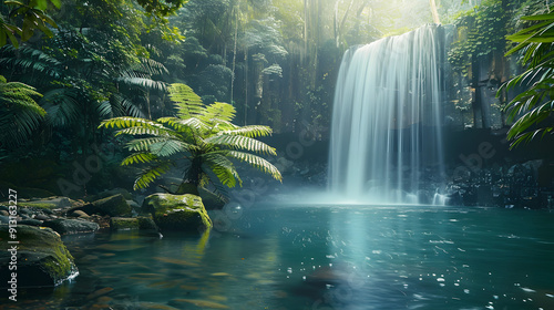 A hidden waterfall in a tropical rainforest surrounded by vibrant flora and fauna.