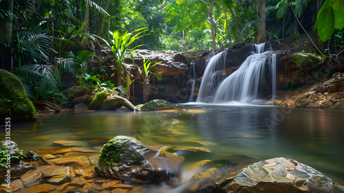 A hidden waterfall in a tropical rainforest surrounded by vibrant flora and fauna.