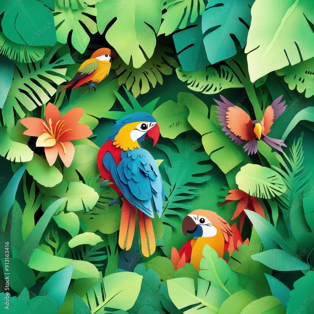 Fototapeta premium Enchanting Paper Cut Rainforest Canopy with Exotic Birds - Nature Craft Background with Text Space