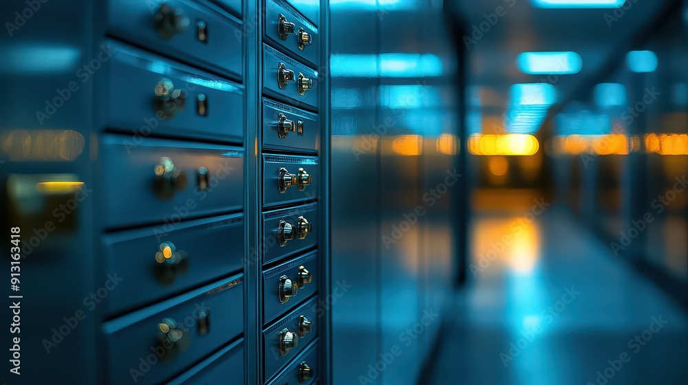 corridor lined with blue safety deposit boxes, illuminated by cool lighting. corridor lined with blue safety deposit boxes, illuminated by cool lighting.
