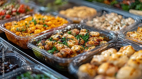 Assorted ready-to-eat meals in plastic containers on display.