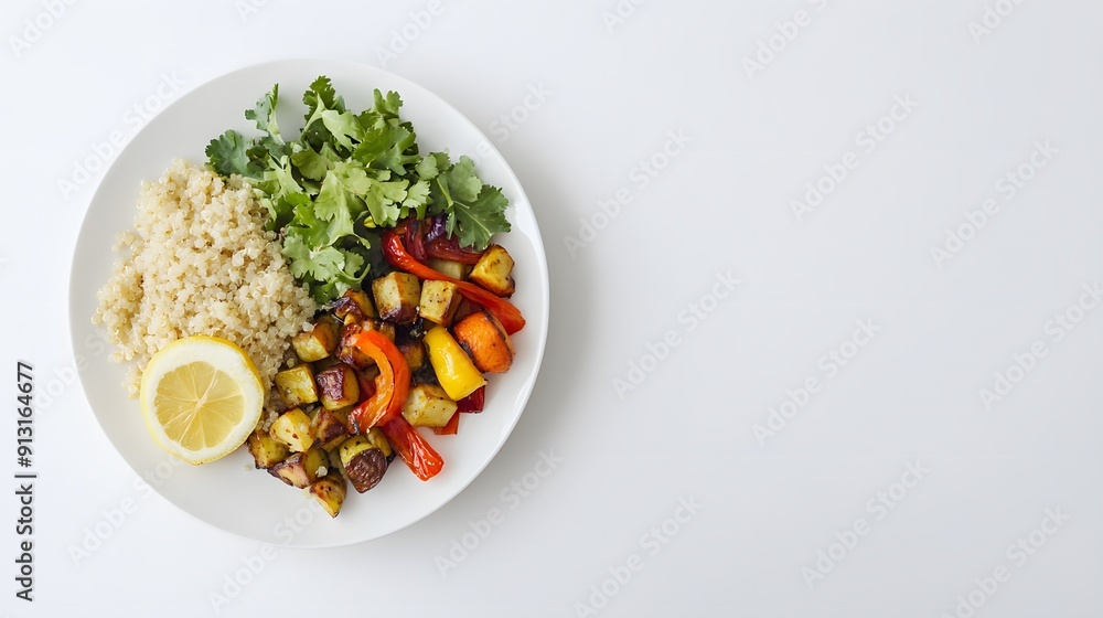 a realistic top view of a healthy lunch plate with quinoa, roasted vegetables, and a lemon wedge, placed on a white background, healthy food a realistic top view of a healthy lunch plate with quinoa, roasted vegetables, and a lemon wedge, placed on a white background, healthy food