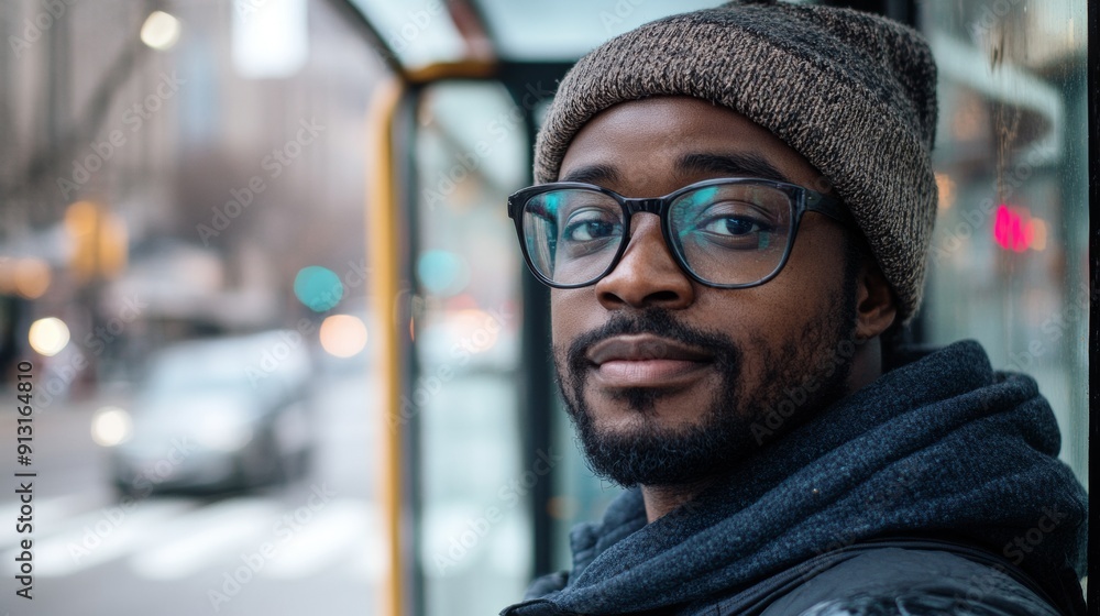 A man wearing a hat and glasses is standing on a street A man wearing a hat and glasses is standing on a street