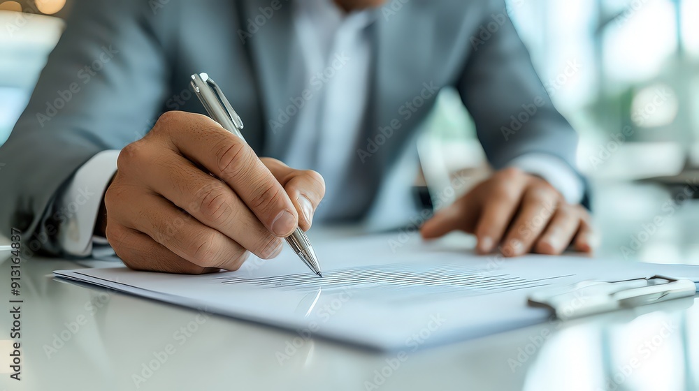 Close-up of a person in a suit signing a document with a pen. Close-up of a person in a suit signing a document with a pen.