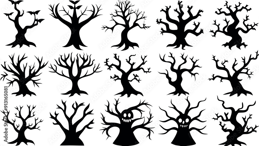 Set of silhouettes of Halloween Spooky Trees Set of silhouettes of Halloween Spooky Trees
