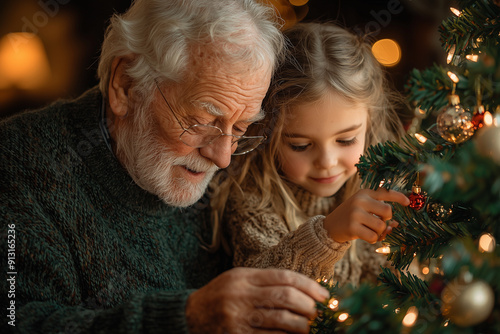 Grandparents and grandchildren decorating a Christmas tree together, sharing a sentimental and joyful moment surrounded by festive decorations.