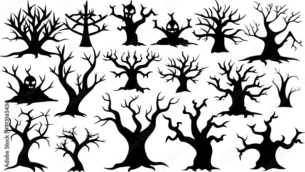 Set of silhouettes of Halloween Spooky Trees Set of silhouettes of Halloween Spooky Trees