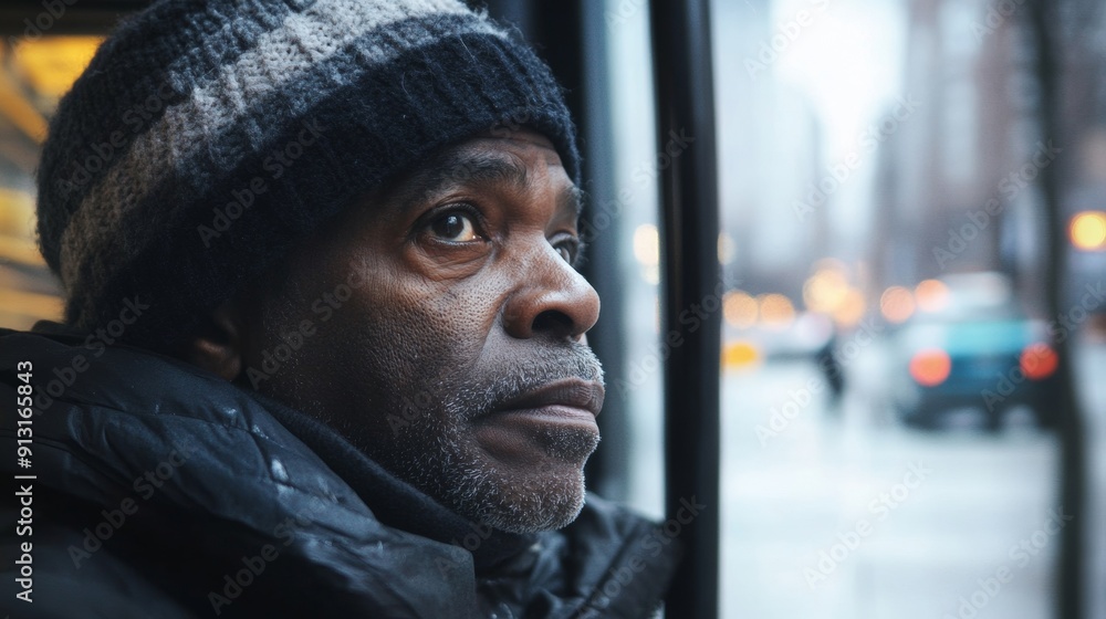 A man wearing a black hat and a black coat is looking out the window of a bus A man wearing a black hat and a black coat is looking out the window of a bus