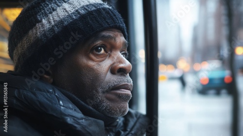 A man wearing a black hat and a black coat is looking out the window of a bus