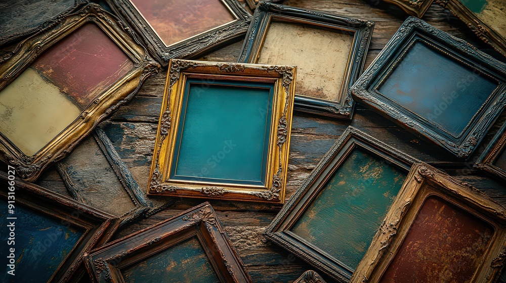 collection of old, colorful picture frames arranged haphazardly. collection of old, colorful picture frames arranged haphazardly.