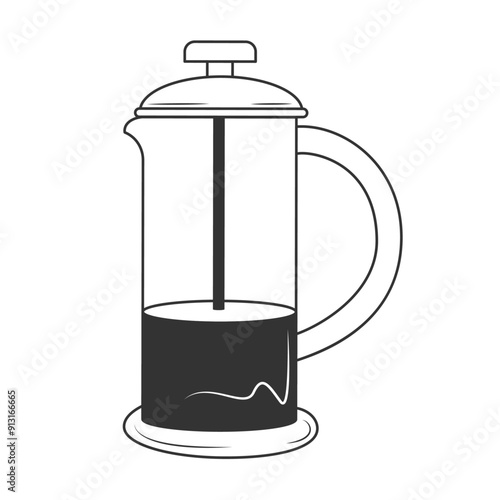French press coffee maker in doodle style. A glass teapot is partially filled with liquid. Vector illustration.