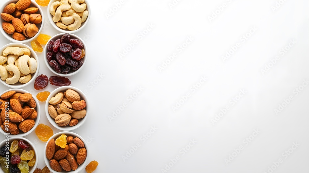 A realistic top view of an assortment of nuts and dried fruits in small bowls on a white background, Healthy Food. A realistic top view of an assortment of nuts and dried fruits in small bowls on a white background, Healthy Food.