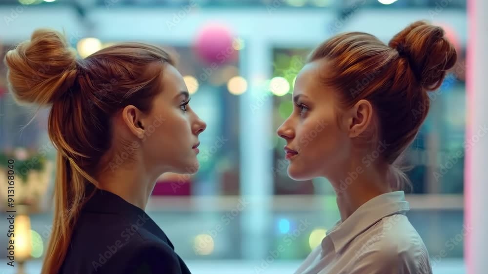 Two women engage in a compelling face-off, showcasing contrasting styles and emotions in a modern, vibrant environment Two women engage in a compelling face-off, showcasing contrasting styles and emotions in a modern, vibrant environment