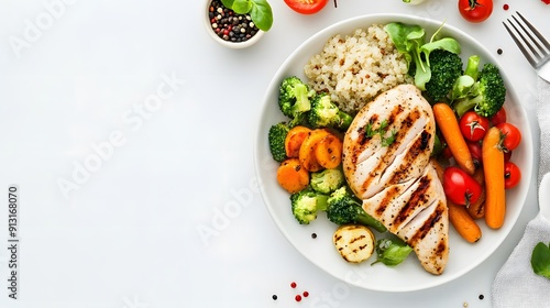 A realistic top view of a plate of grilled chicken breast with a side of steamed vegetables and quinoa, arranged on a white background, Healthy Food.