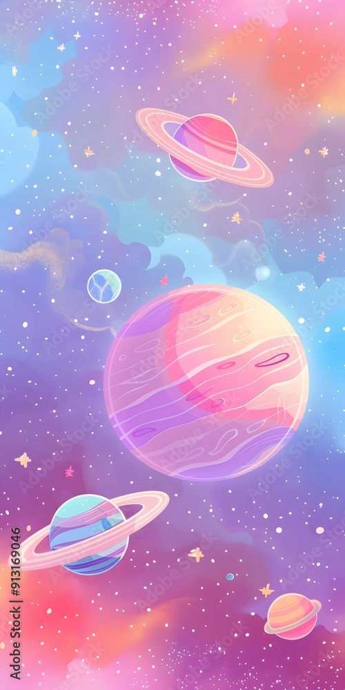 Fototapeta premium universe backgrounds for kids, starts, saturn, galaxy, nebula, vector style, pastel colors, aesthetic