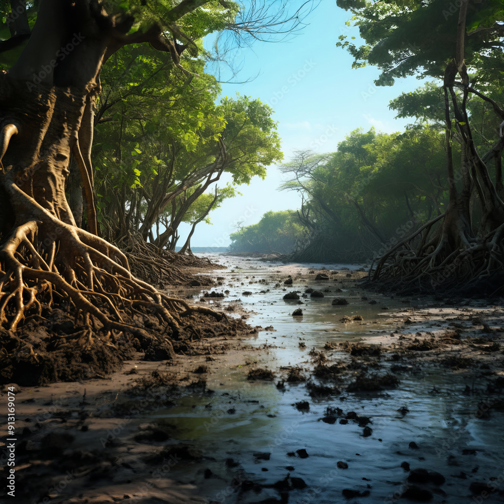 A serene mangrove forest featuring lush trees surrounded by calm water, showcasing nature's beauty and biodiversity. A serene mangrove forest featuring lush trees surrounded by calm water, showcasing nature's beauty and biodiversity.