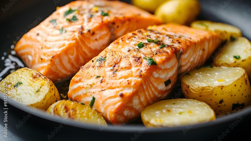 Close up of salmon fillet and potatoes in the pan, lemon slices on top Close up of salmon fillet and potatoes in the pan, lemon slices on top