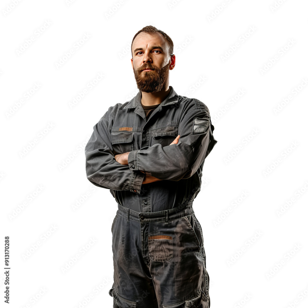 Mechanic in a dirty uniform is standing with his arms crossed, looking serious Mechanic in a dirty uniform is standing with his arms crossed, looking serious