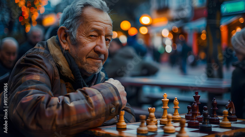 Charismatic senior man with an earring playing chess with friends in a bustling town square at twilight 