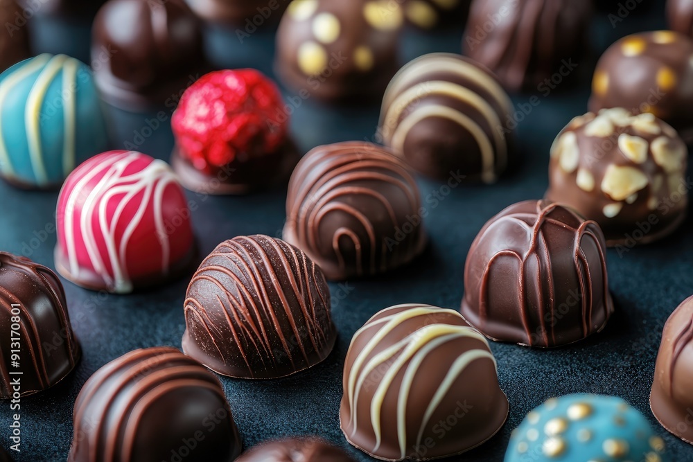 Chocolate pralines showing variety of flavors on dark background Chocolate pralines showing variety of flavors on dark background