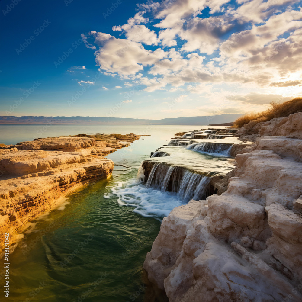 Fototapeta premium A tranquil sunset scene at the Dead Sea, with the sky ablaze in warm tones reflecting on the still water.