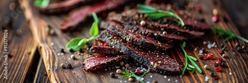 Close up of sliced biltong and spices on a wooden chopping board photo