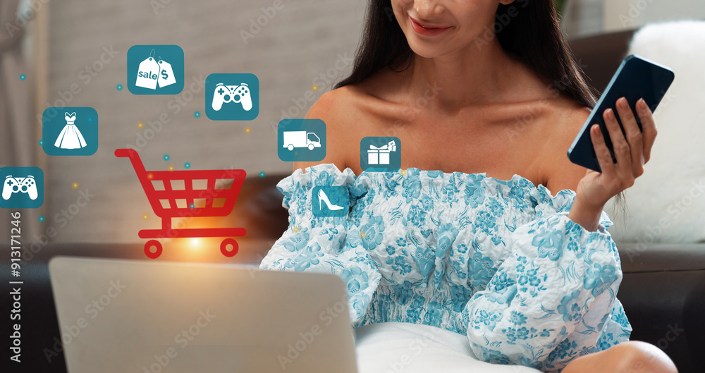 Elegant customer wearing blue dress controlling device choosing online ...