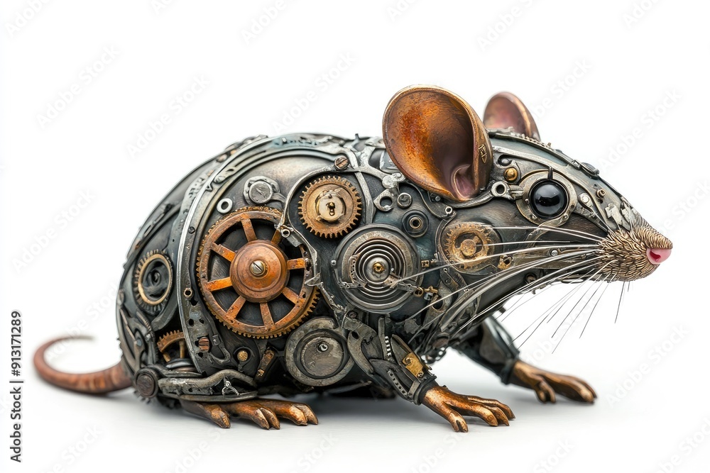 Fototapeta premium Steampunk mechanical rat posing on white background