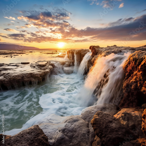 A serene view of the Dead Sea at sunset, with vibrant hues reflecting on the calm water's surface.