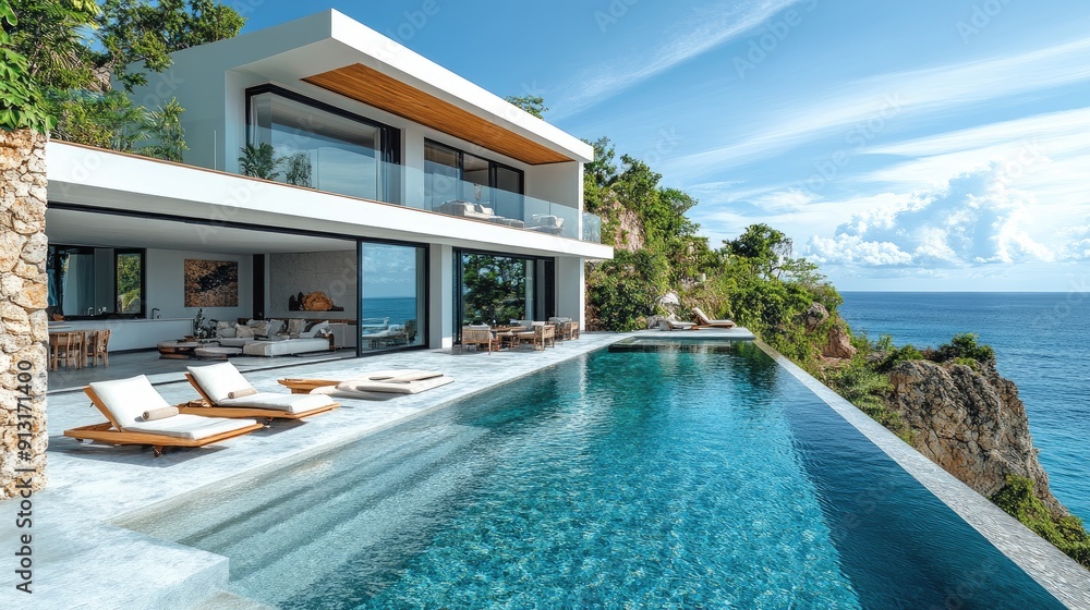 Fototapeta premium Luxury infinity pool overlooking the ocean at a modern villa