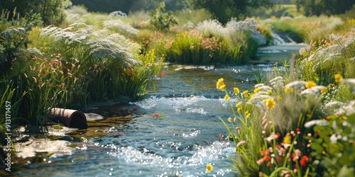 Scenic view of photorealistic clear water stream in rural fields with wildflowers grass and a pipe on the bank