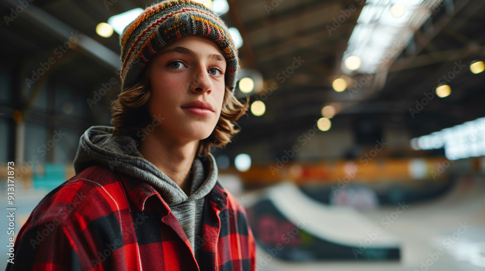 A boy in a hat stands against the backdrop of a skate park. A boy in a hat stands against the backdrop of a skate park.