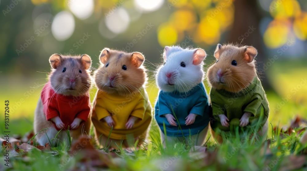 Four guinea pigs wearing colorful sweaters are lined up outdoors Four guinea pigs wearing colorful sweaters are lined up outdoors