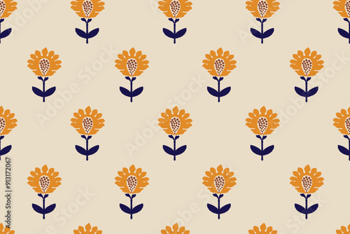 Floral ethnic ikat seamless pattern traditional design for background, carpet, wallpaper, clothing, wrapping, fabric, vector illustration, embroidery style, Ajrakh, block print, batik print allovers