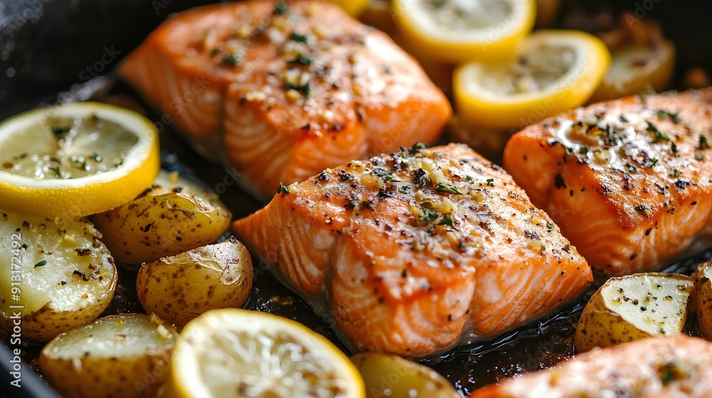 Close up of salmon fillet and potatoes in the pan, lemon slices on top Close up of salmon fillet and potatoes in the pan, lemon slices on top