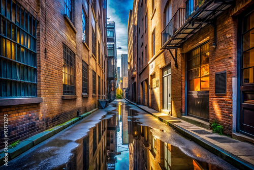 A narrow alleyway with a brick building on the left and a brick building on the right. The alleyway is wet and has a reflection of the buildings in the water