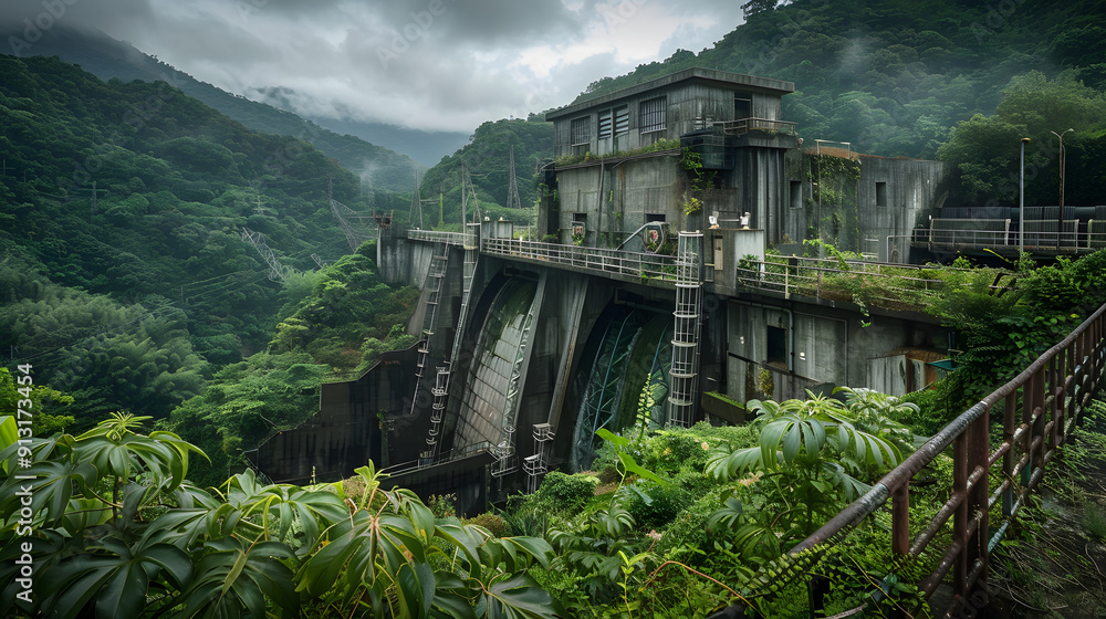 A hydroelectric plant with lush vegetation surrounding the structure. A hydroelectric plant with lush vegetation surrounding the structure.