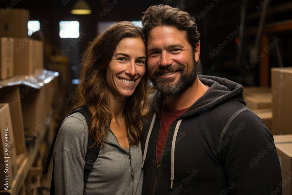Selective focus photo of a happy white couple moving to a new home, generative IA Selective focus photo of a happy white couple moving to a new home, generative IA