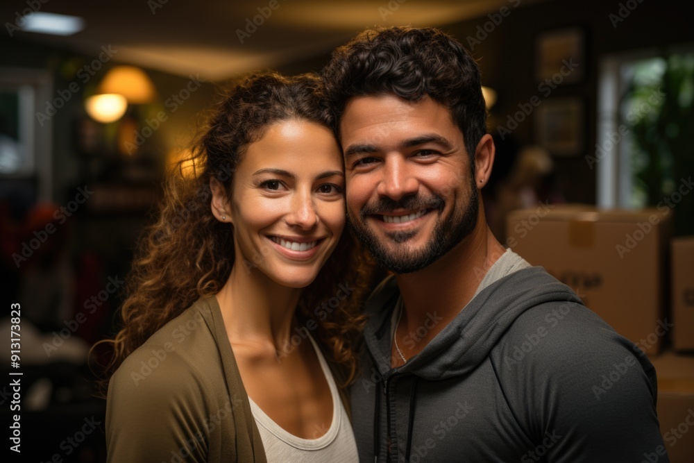 Selective focus photo of a happy white couple moving to a new home, generative IA Selective focus photo of a happy white couple moving to a new home, generative IA