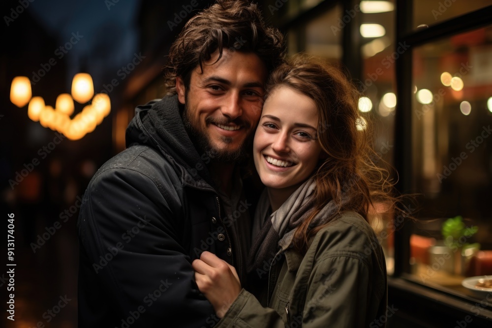 Happy and smiling man hugging a young woman outside the coffee, generative IA Happy and smiling man hugging a young woman outside the coffee, generative IA