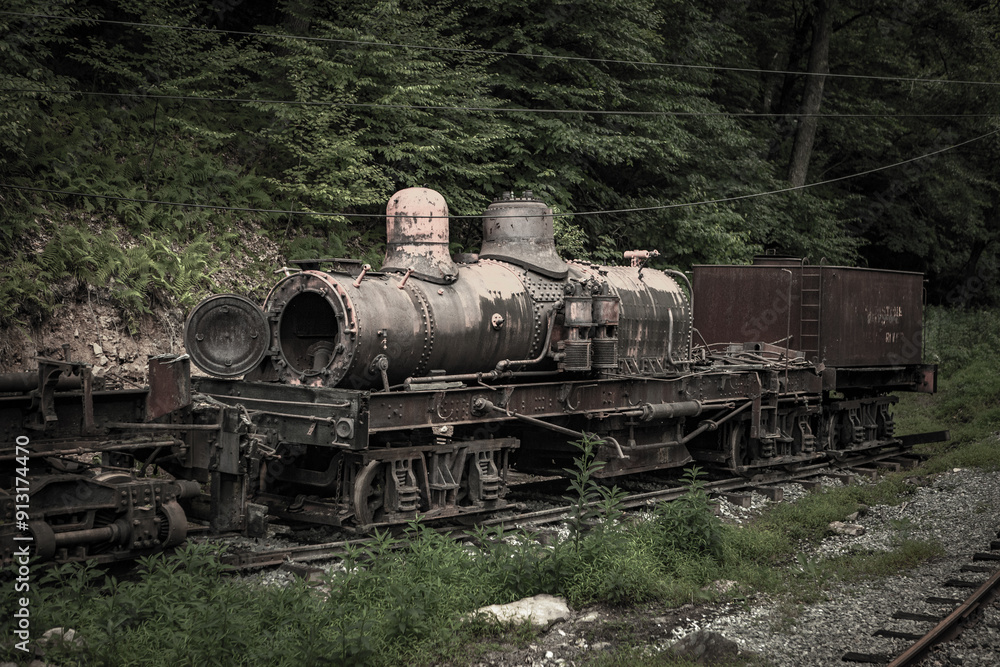 Obraz premium Old abandoned locomotive on train tracks in the woods