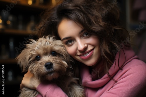 Young brunette with light skin kisses her beloved dog with strength while holding , generative IA