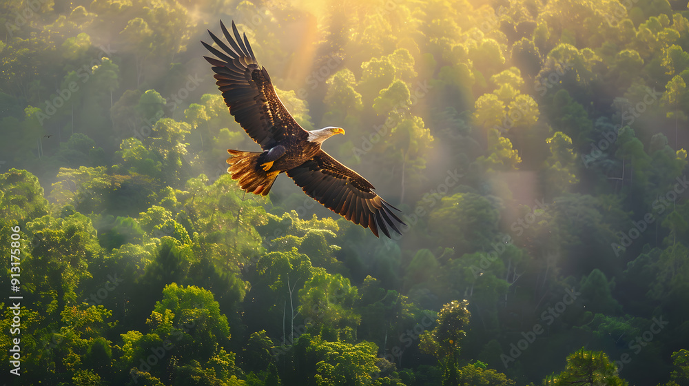 Fototapeta premium A majestic eagle soaring above a dense forest canopy with the morning sun in the background.