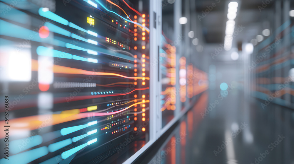 Vibrant data center with illuminated server racks showcasing advanced technology and connectivity in a modern storage environment. Vibrant data center with illuminated server racks showcasing advanced technology and connectivity in a modern storage environment.