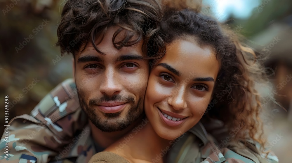 Fototapeta premium A man and woman are hugging each other with smiles on their faces