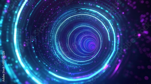 Vibrant digital tunnel with glowing lines and particles, creating a mesmerizing sense of depth and motion.