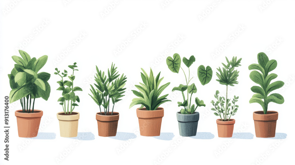 Fototapeta premium Assortment of simple, indoor plants. Illustration that can be used for design.