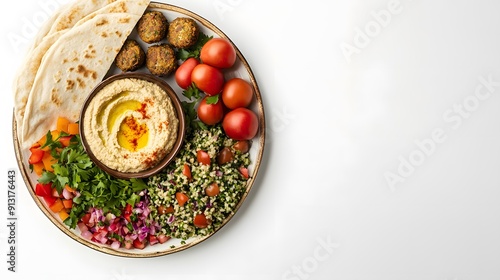 A realistic top view of a Middle Eastern mezze platter with hummus, falafel, tabbouleh, and pita bread, arranged on a clean white background